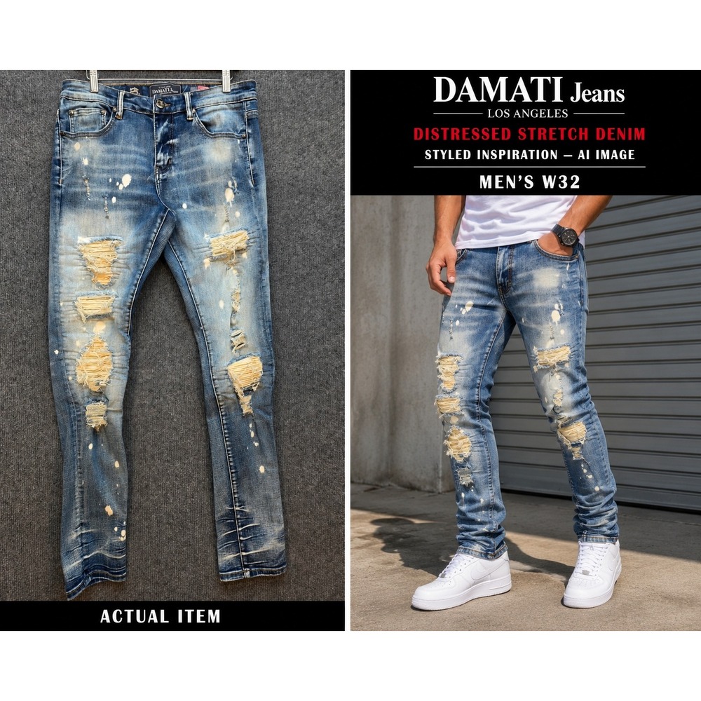 Damati Jeans Slim‎ Fit Mens W32 Blue Excellent Distressed Moto Paint Splatter